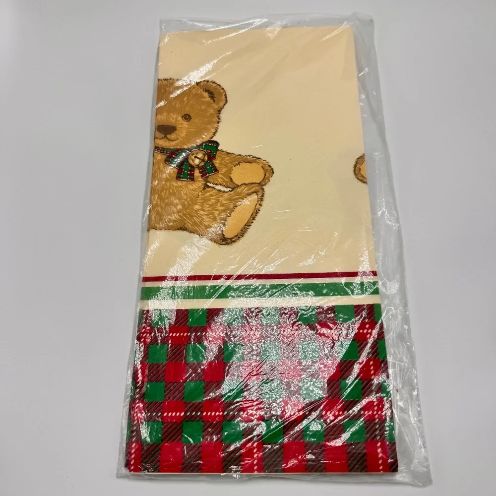 Vintage NOS Hallmark Paper Table Cover Bear Christmas Red Green Plaid 54x102